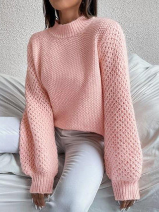 Openwork Mock Neck Long Sleeve Sweater Divacious