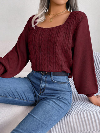 Cable-Knit Square Neck Long Sleeve Sweater Divacious