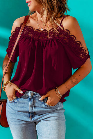 Spaghetti Strap Cold-Shoulder Lace Trim Blouse Divacious