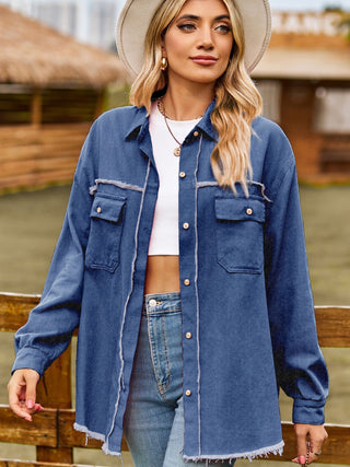 Button Up Collared Neck Raw Hem Denim Top Divacious