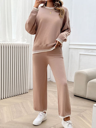 Devine Round Neck Dropped Shoulder Top and Pants Sweater Set Trendsi