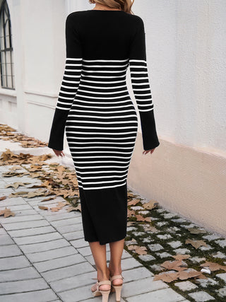 Striped V-Neck Long Sleeve Sweater Dress Divacious