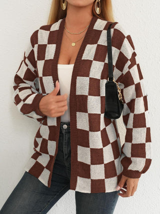 Checkered Open Front Long Sleeve Cardigan - Divacious