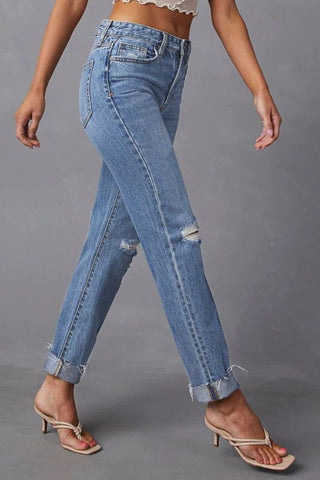 Distressed Raw Hem Straight Jeans with Pockets Divacious