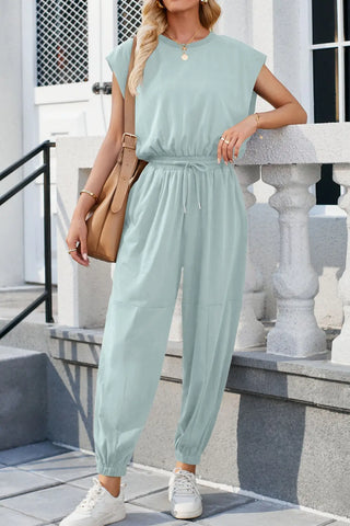 Round Neck Cap Sleeve Jumpsuit Divacious