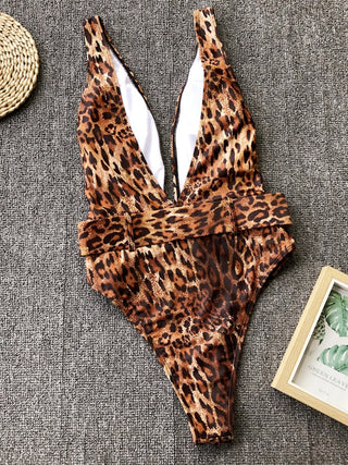 Leopard Plunge Wide Strap Sleeveless One-Piece Swimwear Divacious