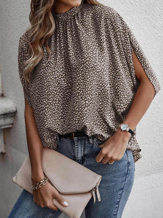 Tied Printed Mock Neck Half Sleeve Blouse Divacious