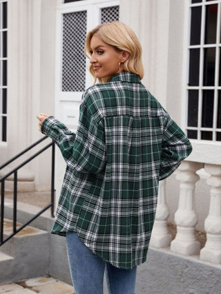 Pocketed Plaid Collared Neck Long Sleeve Shirt Divacious