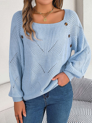 Openwork Buttoned Square Neck Sweater Divacious