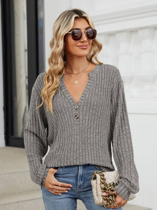 Ribbed Notched Long Sleeve T-Shirt Divacious