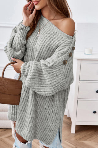 Buttoned Boat Neck Slit Sweater Divacious