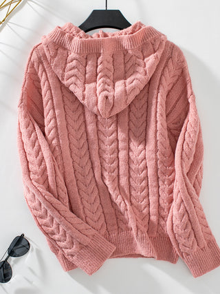 Cable-Knit Long Sleeve Hooded Sweater - Divacious