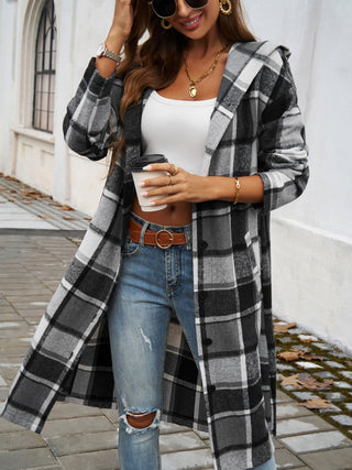 Plaid Long Sleeve Hooded Coat Divacious