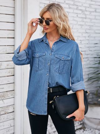 Button Up Collared Neck Denim Jacket Divacious