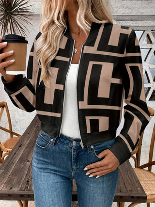 Geometric Baseball Collar Zip Up Jacket - Divacious