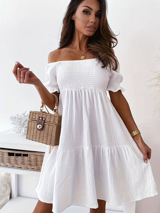 Full Size Ruffled Off-Shoulder Short Sleeve Dress Trendsi