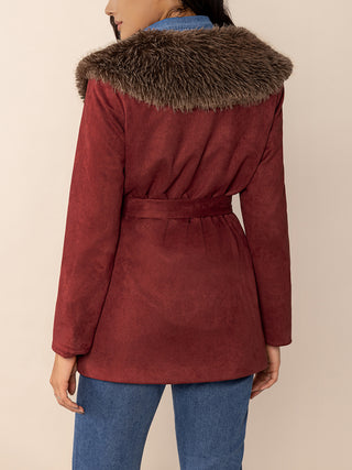 Fuzzy Collared Neck Tie Waist Jacket - Divacious