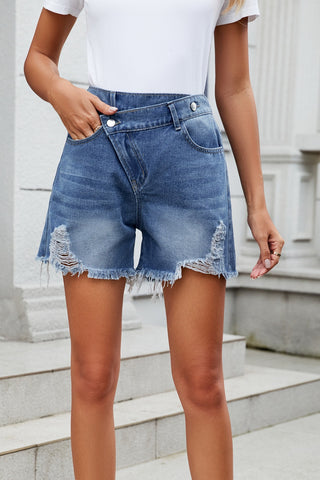 Distressed Raw Hem Asymmetric Waist Denim Shorts Divacious