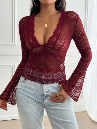 Plunge Long Sleeve Lace Top - Divacious