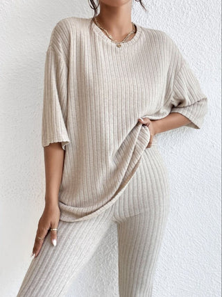 Ribbed Round Neck T-Shirt and Pants Lounge Set Trendsi