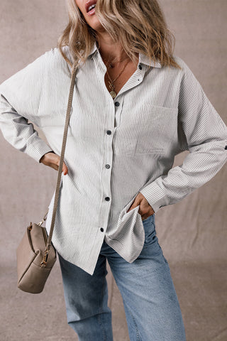 Pocketed Striped Collared Neck Long Sleeve Shirt Divacious