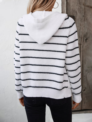 Striped Button Up Long Sleeve Hooded Cardigan Divacious