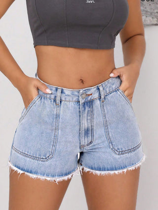 Raw Hem Pocketed Denim Shorts Divacious