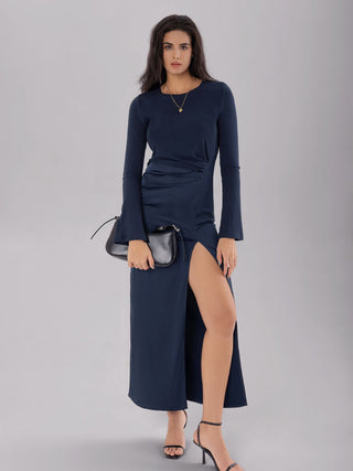 Split Round Neck Long Sleeve Midi Dress - Divacious