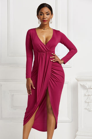 High-low Ruched Surplice Long Sleeve Dress Trendsi