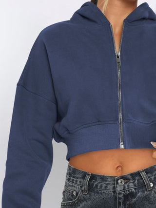 Zip Up Long Sleeve Hooded Cropped Jacket Trendsi