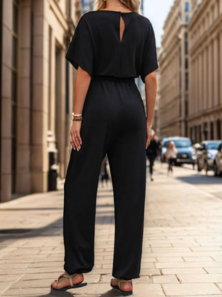 Notched Half Sleeve Straight Jumpsuit Divacious