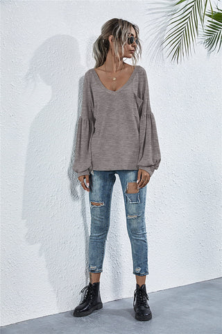 V-Neck Long Sleeve Dropped Shoulder Knit Top Divacious