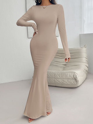 Devine Backless Round Neck Long Sleeve Maxi Dress Trendsi