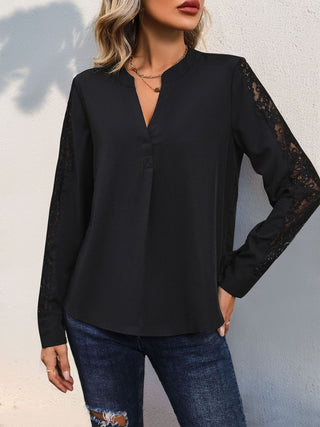 Notched Lace Long Sleeve Blouse Divacious