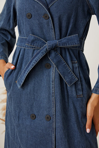 Double-Breasted Belted Longline Denim Jacket Divacious