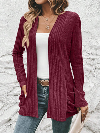 Ribbed Open Front Cardigan with Pockets Divacious