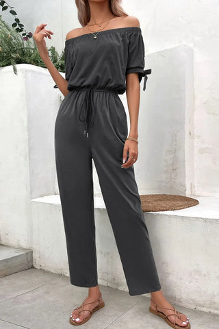 Off-Shoulder Tie Cuff Jumpsuit with Pockets Divacious