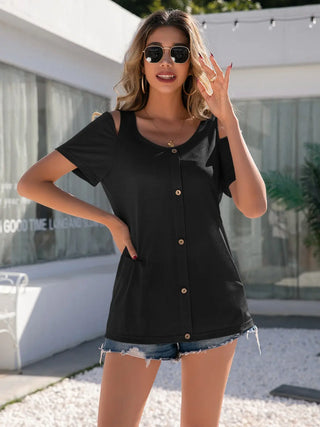 Decorative Button Round Neck Cold Shoulder T-Shirt Divacious