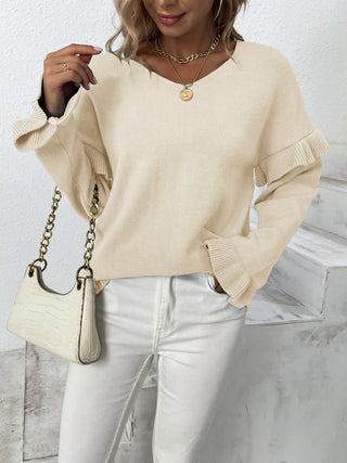 Ruffled V-Neck Dropped Shoulder Sweater Divacious