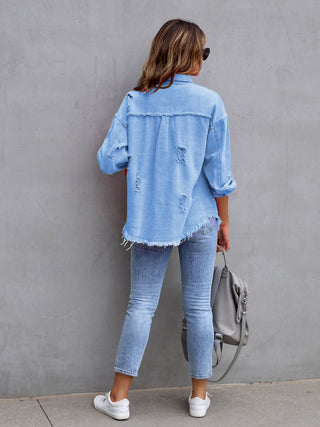 Distressed Drop Shoulder Denim Jacket Divacious