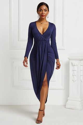 High-low Ruched Surplice Long Sleeve Dress Trendsi