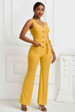 Button Detail Tie Waist Jumpsuit with Pockets Divacious