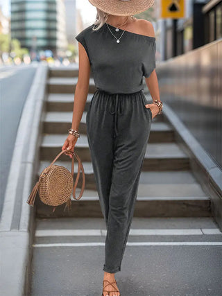 Single Shoulder Short Sleeve Jumpsuit Divacious