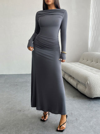 Devine Ruched Long Sleeve Maxi Dress Trendsi