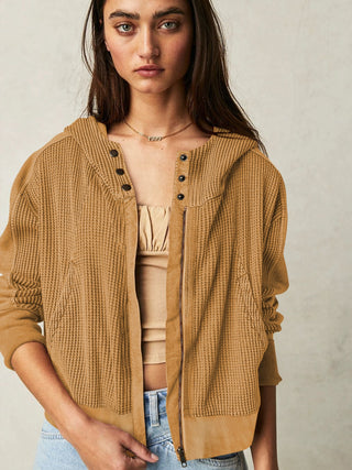 Waffle-Knit Dropped Shoulder Hooded Jacket Divacious