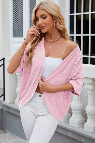 Eyelet Open Front Half Sleeve Cardigan Divacious