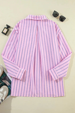 Striped Collared Neck Long Sleeve Shirt Divacious