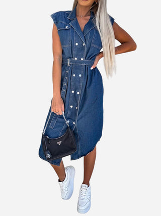 Collared Neck Cap Sleeve Denim Dress Divacious