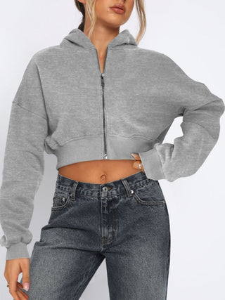 Zip Up Long Sleeve Hooded Cropped Jacket Trendsi