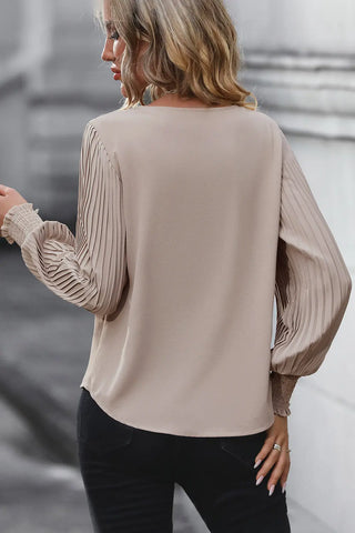 Pleated Lantern Sleeve V-Neck Blouse Divacious